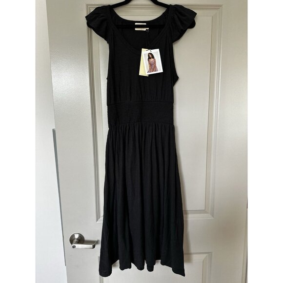 Nation LTD NWT Black Midi Dress Smocked Cap Sleeve V Neck Black Size Medium - Picture 1 of 8